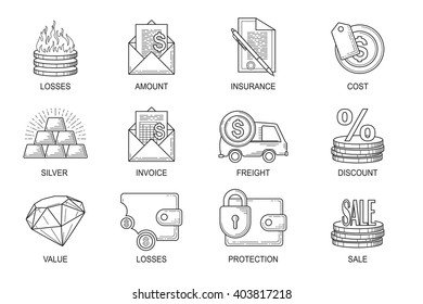 Set Icons in style flat line. Theme - Finance.