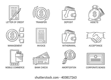 Set Icons in style flat line. Theme - Finance.