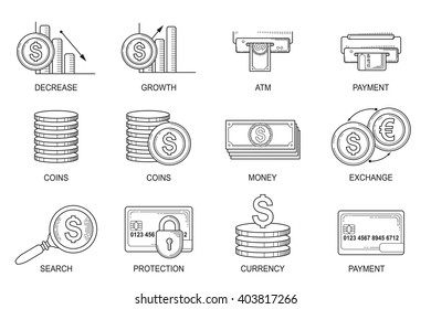 Set Icons in style flat line. Theme - Finance.