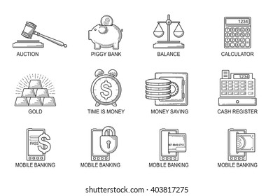 Set Icons in style flat line. Theme - Finance.