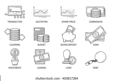 Set Icons in style flat line. Theme - Finance.