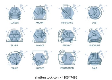 Set Icons in style flat line. Theme - Finance.