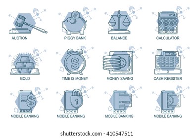 Set Icons in style flat line. Theme - Finance.