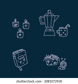 A set of icons in the style of Hugge. For home comfort and warmth in the Danish style. A collection with candles, a teapot, a cup, a book. Vector illustration