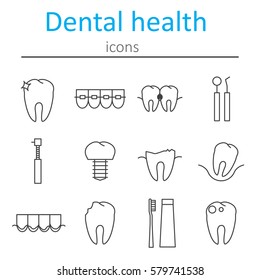 Set of icons in the style of the line on the disease and treatment of the teeth. Taking care of dental health. Vector illustration.