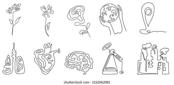 Eine Reihe von Symbolen im Stil einer Zeile auf blauem Hintergrund. Blume, Planet, Zeiger, Lungen, Herz, Pflanzen, Planet und andere. Vektorgrafik