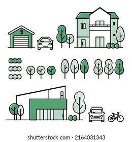 Set of icons of a suburban house, planted trees, automobile, bicycle, and garage