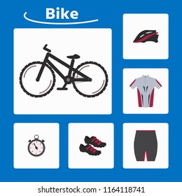 Set of  icons such as bicycle, stopwatch, helmet, sportswear.