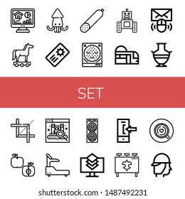 Set of set icons such as Home, Trojan horse, Squid, Coupon, Smoked sausage, Pachinko, Robot, Subway, Email, Greek vase, Crop, Apple, Ebook, Fitness, Donut, Layers, Login