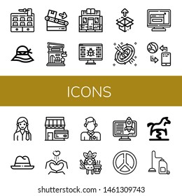 Set of icons icons such as Hotel, Hat, Conveyor, Store, Bookstore, Virus, Unboxing, Space, Resize, Communication, Lawyer, Shop, Heart, Lifeguard, Coffee, Server, Peace , icons