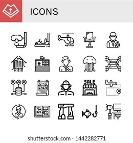 Set of icons icons such as Mantle, Dive, Bumper car, Helicopter, Chair, Lifeguard, Knitting, Stand, Jellyfish, Server, Poster, Firewoman, Shop, Airport, Contact us, Scrapbook , icons