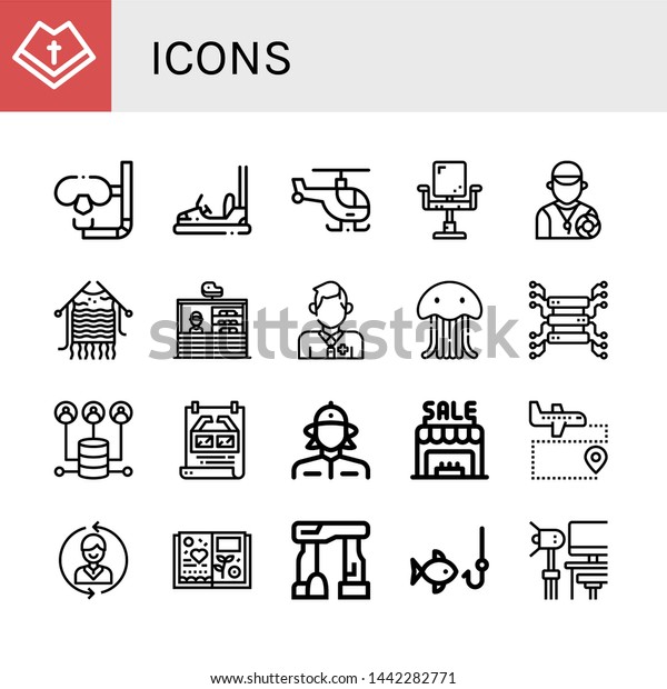 Set of icons\
icons such as Mantle, Dive, Bumper car, Helicopter, Chair,\
Lifeguard, Knitting, Stand, Jellyfish, Server, Poster, Firewoman,\
Shop, Airport, Contact us, Scrapbook ,\
icons