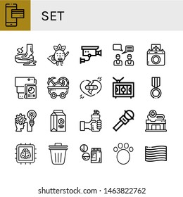 Set of set icons such as Mobile payment, Foot, Superhero, Cctv, Feedback, Instant camera, Document, Mine cart, Broken heart, Television, Medal, Strategic, Milk, Water, Microphone , set