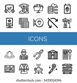 Set of icons icons such as Music, Stand, Camouflage, Mattress, Wedding, Signboard, Server, Do not roll, Poster, Singer, Hat, Scrapbook, Burglar, Bathrobe, Pliers, Incense , icons