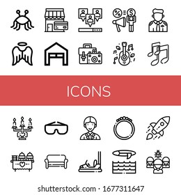 Set of icons icons. Such as Pastafarianism, Angel, Shop, Garage, Viral, Camera bag, Share, Music, Pilot, Wedding, Goggles, Sofa, Officer, Bumper car, Bracelet, Surf , icons icons