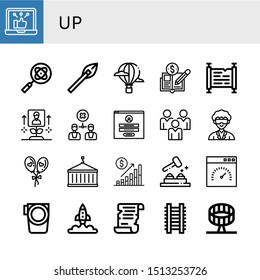 Set of up icons such as Social network, Research, Arrows, Hot air balloon, Economy, Scroll, Growth, Disagreement, Login, Social media, Researcher, Balloon, Crane, Bar chart , up