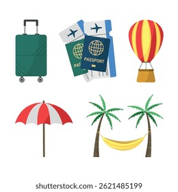 Set of icons with suitcase, passports, palm trees and other objects. Vacation, holiday.