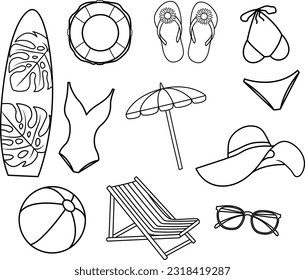 Set Icons Summer Accessories Vacation. Vector Illustration of Swimwear, Hat, Sunglasses, Flip Flops, Beach Umbrella, Deck Chair, Lifebuoy, Surfboard, Inflatable Ball
