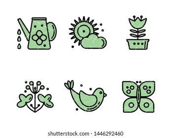 Set of icons, summer garden, gardening, flower, watering can, bird, sun, butterfly, green color, texture, vector illustration