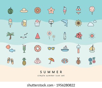 A set of icons of summer items.
There are illustrations of beaches, watermelons, sunflowers, fireworks, etc.