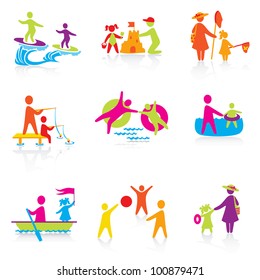 Set of Icons - Summer Time - Silhouette family. woman, man, kid, child, boy, girl, father, mother. People vector.