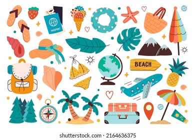 Set of icons for summer travel concept. Colorful elements for sea vacation, seaside relax, camping and tourism with plane, swimsuit, luggage and clothes. Vector illustration