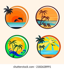 Set of icons with summer tropical beach. Round vector badges. Logo templates, flat design.