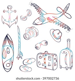 Set of icons summer and vacation , hand-drawn vector background 