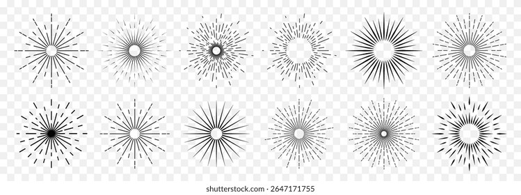 A set of icons with sun rays on a white background. A sunbeam with lines. Retro logo in the form of a circle with radial rays. The sun is shaped like a star. Vector EPS 10.