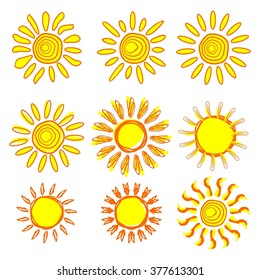 Set of icons of the sun in the style of children's drawings, children's doodles.