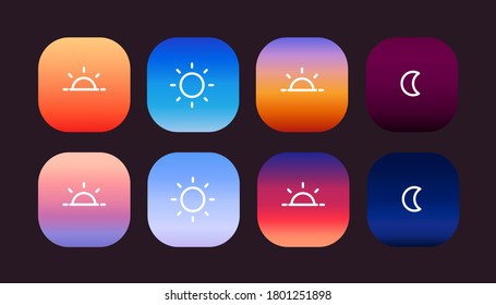 A set icons for sunrise  sunset  day    night  Beautiful  rich gradients the sky  vector illustration dark background 