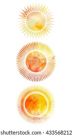 Set of icons of suns with different rays and watercolor background. Vector element for your design