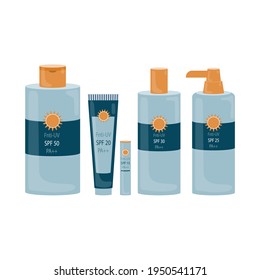 A set of icons for sunscreen and lipstick bottles. Flat set of vector sunscreen bottle icons for web design. vector illustration in cartoon style. isolate on a white background
