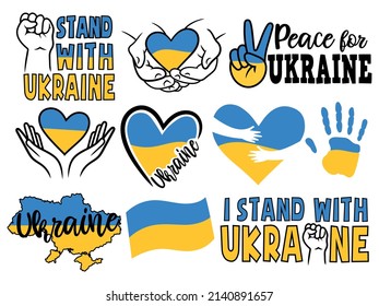 Set of icons in support of Ukraine. Collection of patriotic symbols flag of Ukraine, dove of peace, heart with Ukrainian flag in hands. Stand with Ukraine. Vector illustration on whitw background.