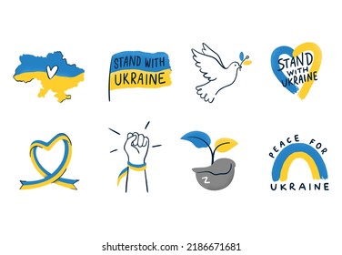 Set of icons with support Ukraine. Map of Ukraine, national flag, a bird of peace, a sign of struggle against russian invasion. Vector illustrations on the white background.