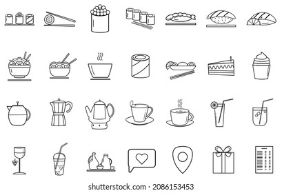  Set of icons sushi rolls noodles, soup, cake, drinks, lemonade, tea, menu. Asian cuisine. Vector linear elements for a restaurant, cafe bar, mobile application, website.