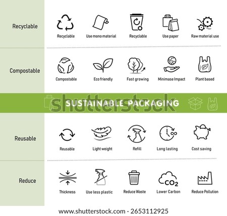 Set icons for sustainable packaging. Vector elements are made with high contrast, well suited to different scales and on different media. Ready for use in your design. EPS10.