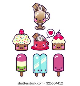 Set Of Icons Sweet Food And Drinks In Kawaii Style