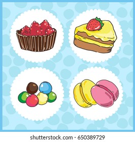 Set of icons of sweets with cake, draggee, macaroons on blue background