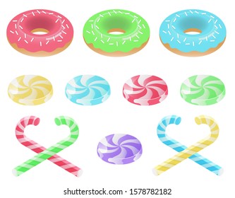 Set of icons with sweets: candy canes, lollypops and donuts. Vector illustration isolated on white background. 