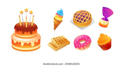 Set von Ikonen von Süßigkeiten und Desserts, Kuchen, Eis, Kuchen, Süßigkeiten, Waffel, Donut, Muffin, realistisch im 3D-Stil.