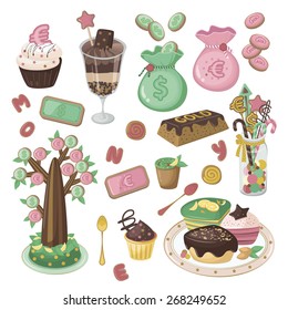 Set of icons. Sweets in the form of money. Dessert.
