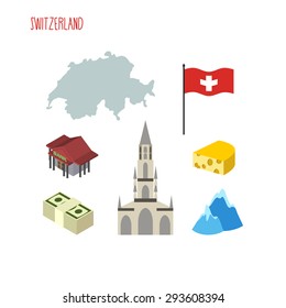 Set of icons for Switzerland. Map and flag of country. Berne Cathedral and banks. Vector illustration 