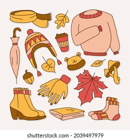 set of icons symbolizing autumn, bright cartoon childish style, vector illustration.

