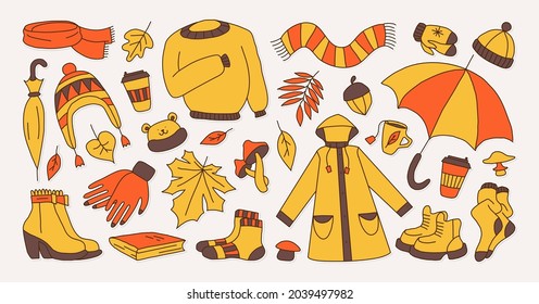 set of icons symbolizing autumn, bright cartoon childish style, vector illustration.