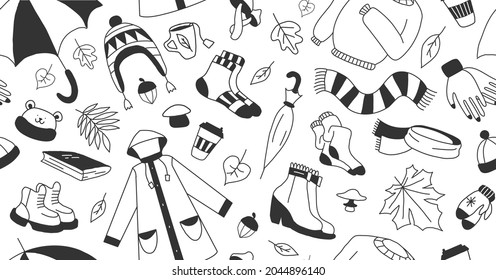 set of icons symbolizing autumn cartoon childish doodle style, vector coloring illustration.