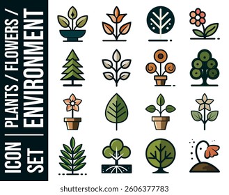 Set of icons symbolizing trees, plants, and flowers. Eco and sustainable development icon pack, vector
