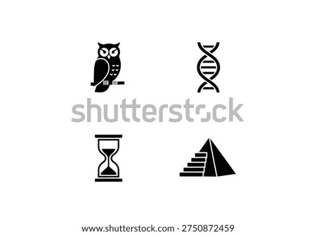Set of icons symbolizing wisdom, science, time, and ancient history. Owl, DNA, hourglass, pyramid.