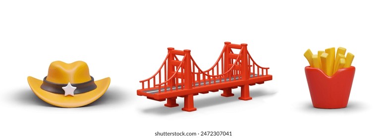 Conjunto de iconos, símbolos de América. Sombrero de alguacil, Golden Gate Bridge, papas fritas