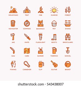 Set of icons and symbols for camping and hiking. Vector illustration.